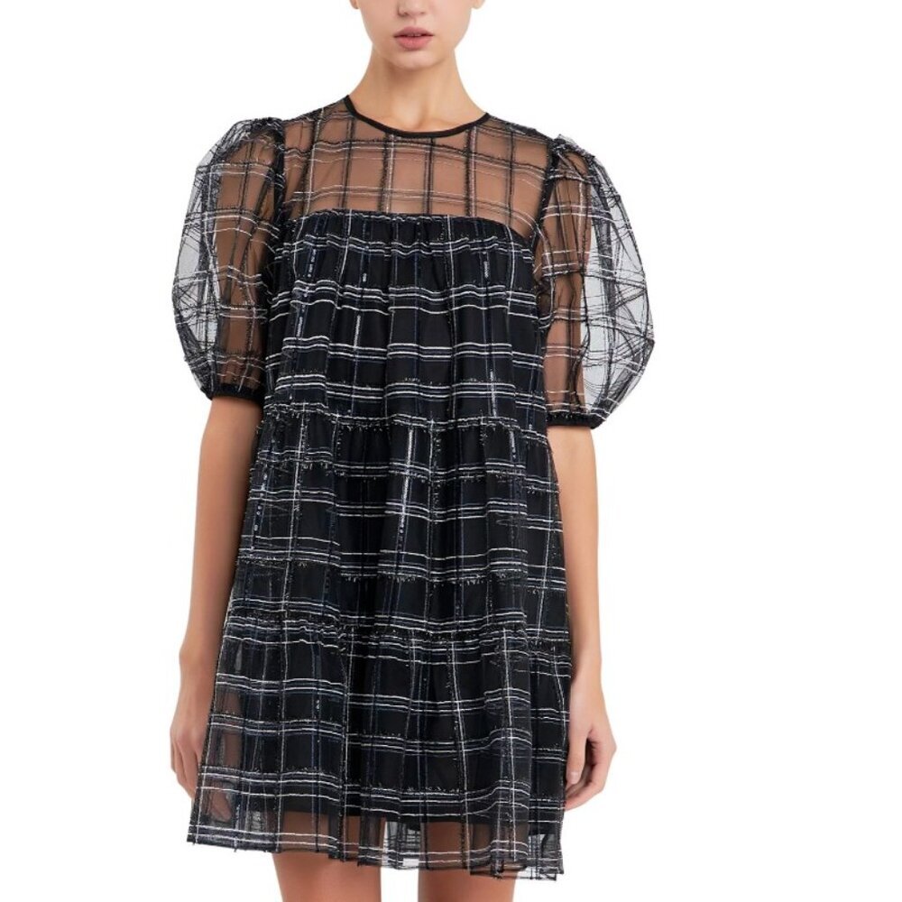 NWOT Vici Black, White, Silver Plaid Sheer Tiered Party Dress - Size M